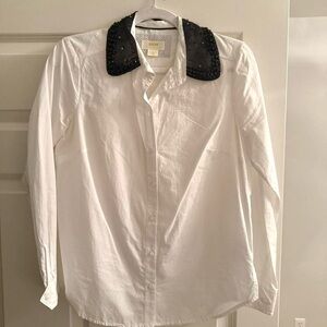 Anthropologie White Button Down Shirt with Black Beaded Collar